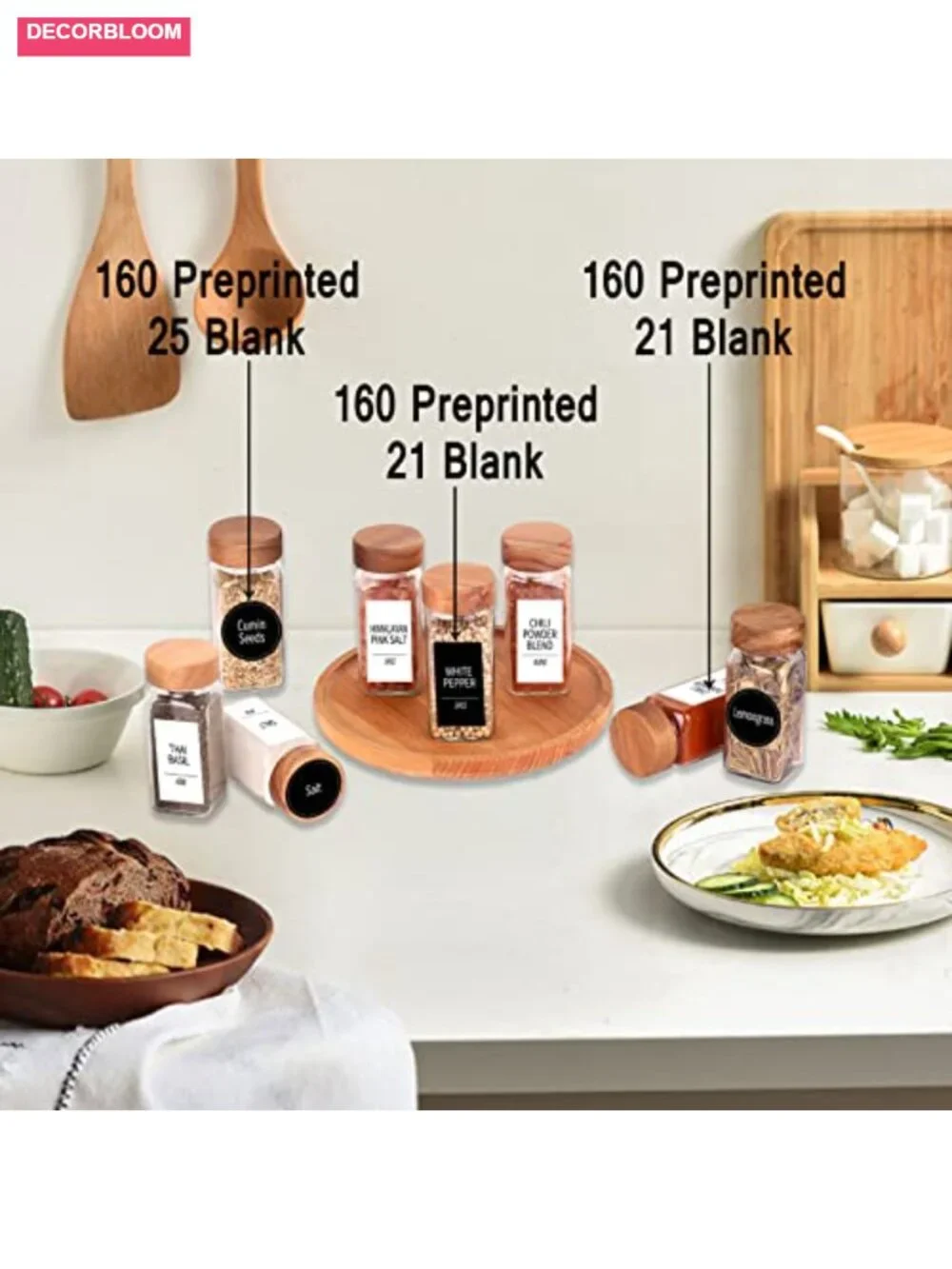 36 Glass Spice Jars with Shaker Lids & Acacia Wood Lids + Labels, Funnel, Chalk